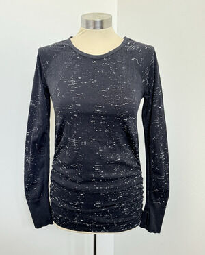 Athleta SPEEDLIGHT SPECKLE Seamless Black Ruched Sides Thumb Holes Top Sz Small